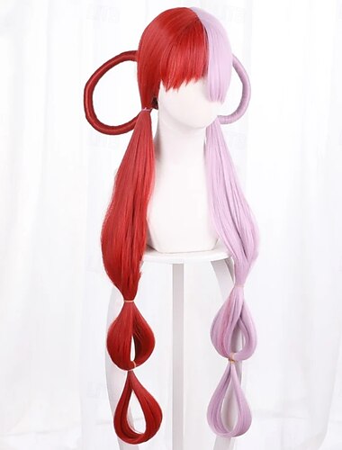  Peruca vermelha e branca de aventureira do oceano com tranças em formato de laço, perfeita para festas de cosplay.