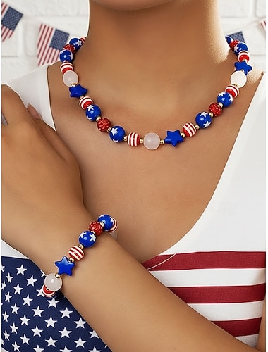  Patriottische damesketting en armbandenset met harskralen ter ere van het 250-jarig jubileum van de VS, Onafhankelijkheidsdag, casual dagelijks gebruik en reis- en vakantiesieraden.