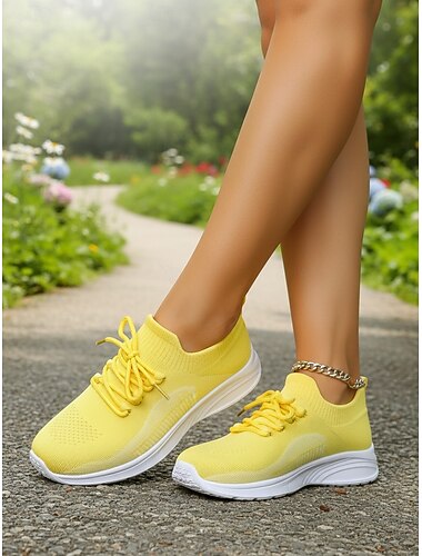  Scarpe da corsa da donna in maglia gialla: sneakers sportive leggere e traspiranti, facili da indossare, con suola antiscivolo ammortizzata, scarpe sportive casual per camminare, palestra, viaggi e