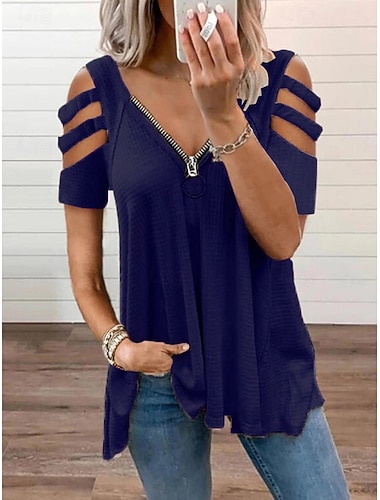  Damen Hemd Bluse Oberteil mit Ösen Reißverschluss Einfach Stilvoll Klassisch Modern Kurzarm V Ausschnitt Normale Oberteile Täglich Ferien Ausgehen Weiß Rosa Wein Armeegrün Marineblau Sommer Frühling
