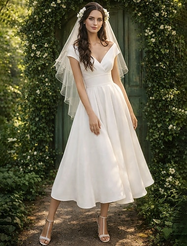  Ligne A Longueur thé Robes de mariée Robes pour enterrement de vie de jeune fille robe de mariée Simple Petites Robes Blanches Occasionnel Manches Courtes Col en V Remise des Diplômes Anniversaire