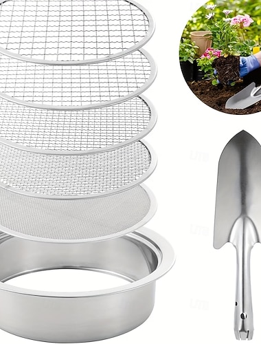  Edelstahl-Siebset für die Gartenarbeit mit 5 austauschbaren Sieben (1/3/6/9/12 mm), inklusive Schaufel, ideal für die Gartenarbeit &Bodensieb, abnehmbares Kompostsieb für Erde, Sand, Steine usw.