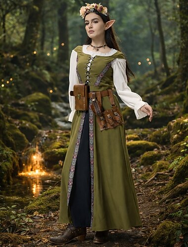  Conjunto Retro Vintage Medieval Renascentista Longo Vestidos Peça para Cabeça Acessórios com acessórios Manga Comprida Elfo Ranger Fantasia Mulheres Dia Das Bruxas Carnaval Mascarilha Festa temática