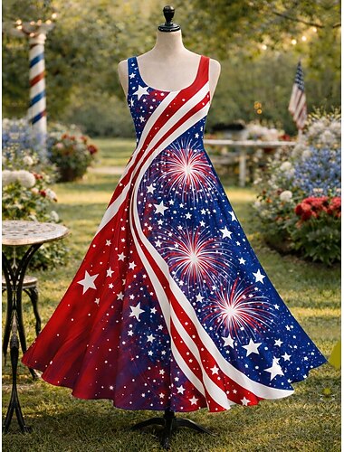  Amerikanischer Unabhängigkeitstag Damen Maxikleid Sommerkleid A Linie Kleid Urlaub Lässig Boho Strand Date Normale Passform Grafik Flagge Ärmellos U-Ausschnitt Blau Sommer Frühling