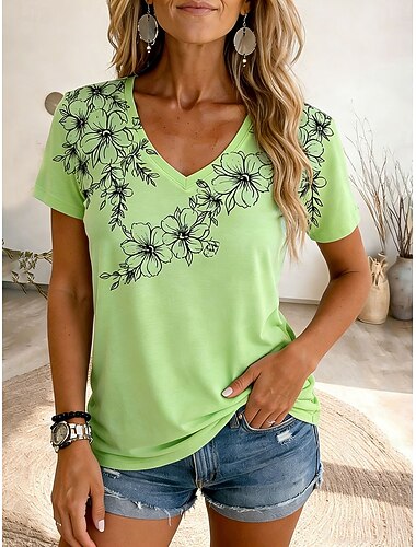  Dames T-shirt Afdrukken Bloemig Grafisch Planten Bohemen Vintage Stijlvol Korte mouw V-hals Normale tops Dagelijks blauw Geel Blozend Roze Paars Groen Zomer Lente