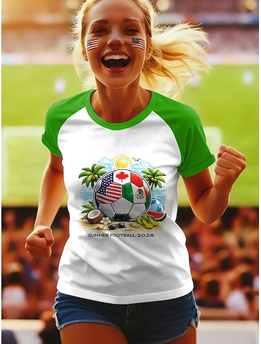  Weltfußballspiel 2026 Damen T-Shirt Druck Grafik Buchstaben Stilvoll Klassisch Lässig Kurzarm Rundhalsausschnitt Reguläre Oberteile Alltag Blau Rot Grün Sommer Frühling