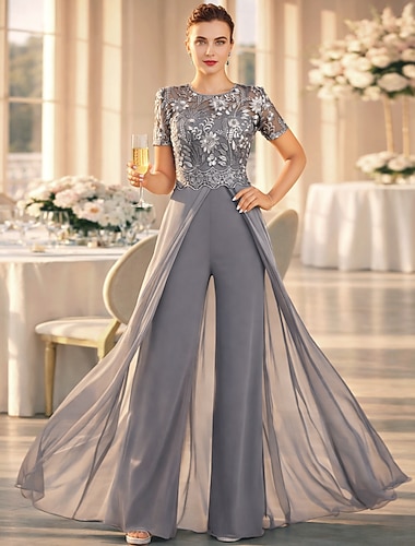  Buksedrakt Ankellengde Kjole til brudens mor Kortermet Besmykket Elegant Bryllupsgjest Formell kveld Elastisk chiffon med Blonder Plissert