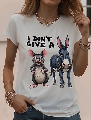  Dam T-shirt Mönster Grafisk Djur Vintage Stylish Klassisk Kortärmad Rund hals Vanliga toppar Dagligen Helgen Vit / Blå Vitt och grått Vit Sommar Vår