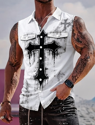  Per uomo Croce Templare Camicia Camicia con Bottoni Maglietta senza maniche Senza Maniche Stile gotico oscuro All'aperto Casual Estate Primavera Collo ripiegato Stampa 3D Due tasche anteriori Blu