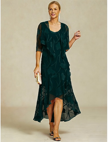  Damen Maxikleid Rüschenkleid Elegant Täglich Urlaub Hochzeitsgast Spitze Geschichtet Normale Passform Blumen Ärmellos Kurzarm U-Ausschnitt Dunkelgrün