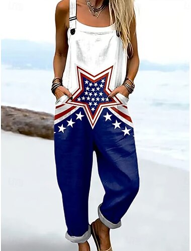  Día da Independência Womens Dungarees 100% Algodão Ativo Gráfico Sem Mangas Reto Decote Quadrado Com Bolso Praia Diário Ajuste Solto Branco Vermelho Azul Royal Verão