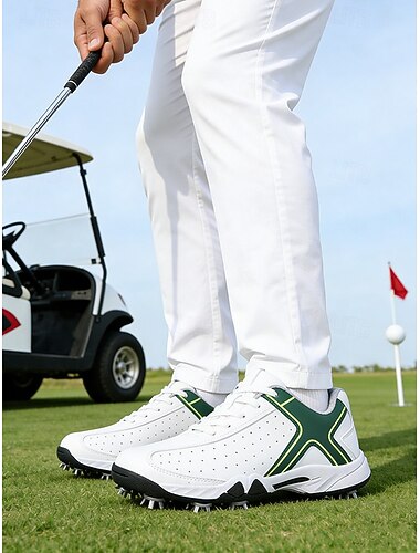  Heren golfschoenen, wit kunstleer met zwarte accenten, sportief design, lichtgewicht en ademend, geschikt voor golfbanen, buitensporten en training.
