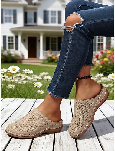  Beige geperforeerde instappers voor dames – comfortabele zomerschoenen voor casual gebruik, op reis en dagelijks gebruik.