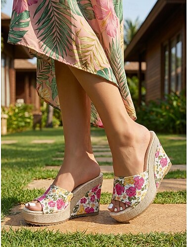  Romantische blauwe espadrilles met bloemenprint en sleehak voor dames - comfortabele platform slippers met strikdetail voor buitenactiviteiten, strandvakanties en resorts. &zomerse tuinfeesten