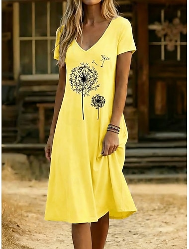  女性用 ひざ丈ドレス カジュアルドレス 花柄ドレス サマードレス エレガント ファッション 近代の アウトドア バケーション お出かけ レギュラー フラワー 半袖 Ｖネック ブルー ホワイト イエロー グレー 夏 春