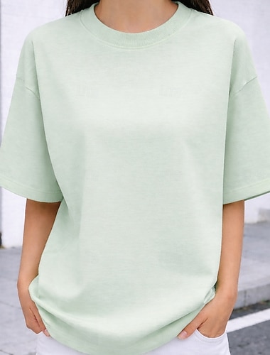  Dame Store T skjorte T-skjorter 100% قطن Helfarge Stilfull Grunnleggende Fritid Kortermet Crew-hals Rund hals Vanlige topper Daglig Ut på byen Svart Hvit Gul Rosa Himmelblå Sommer Vår