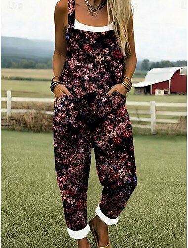  Damen Overall Aktiv Blumen Ärmellos Ärmellos Quadrathals Tasche Druck Täglich Urlaub Normale Passform Schwarz Sommer