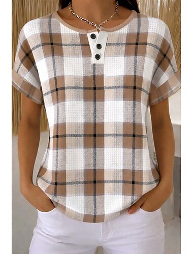  Top in maglia waffle per donna T-shirt a blocchi di colore grafica geometrica moda base moderna manica corta collo rotondo Henley top regolari sportivi quotidiani marrone e bianco nero e bianco