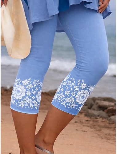  女性用 カプリパンツ レギンス 旅行度假风 ハワイアン スタイリッシュ カプリパンツ ミディアムウエスト フラワー グラフィック プリント 履き心地よい 快適 伸縮性あり アウトドア バケーション フォーマル ブルー ブラック 夏 春 秋 スリムフィット