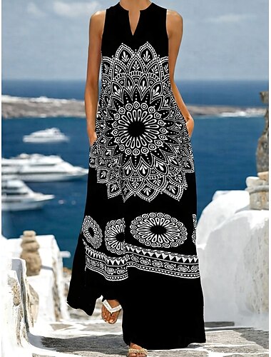  Femmes Robe maxi Robe d'Été Robe trapèze Robe d'été Vacances Occasionnel Boho Quotidien Fête Coupe Ample Graphique Géométrique Tribal Sans manches Col en V Noir Été