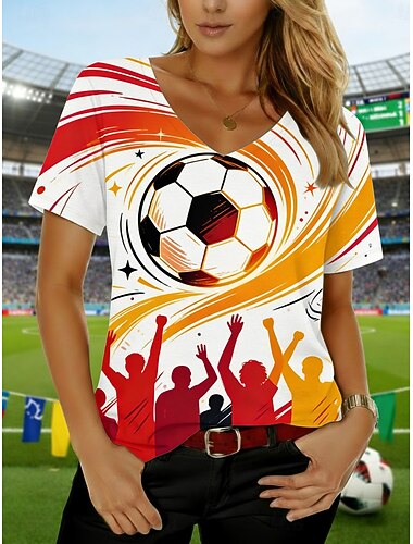  Per donna Maglietta Stampato Grafico Calcio Elegante Classico Casual Manica Corta Scollo a V Top Regolari Quotidiano Sportivo Uscire Nero Bianco Giallo Estate Primavera