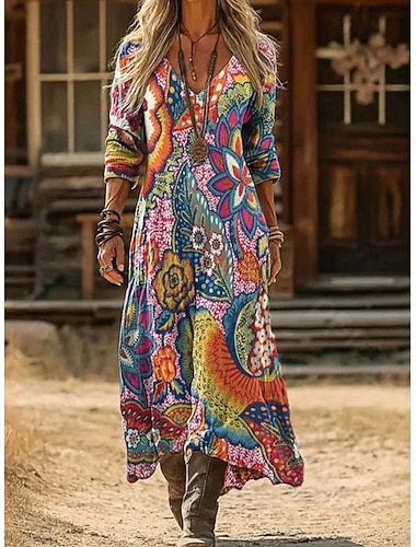  Per donna Abito lungo maxi Abito Vintage Vestito Casual Vintage Quotidiano All'aperto Vacanza Vestibilità regolare Floreale Manica Lunga Scollo a V Rosso Primavera Autunno