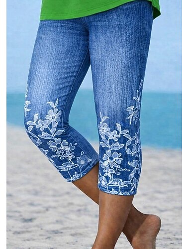  Dames Capri broeken Leggings Vakantie Modieus Hawaii Kuitlengte Medium Taille Bloemig Grafisch Opdrukken Afdrukken Comfort Zacht Ademend Rekbaar Casual Dagelijks Vakantie Marineblauw Lichtblauw Zomer