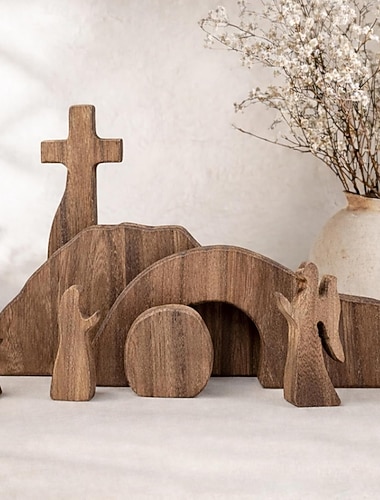  Osterdekoration: Leeres Grab mit Kreuz, hölzernes Oster-Auferstehungs-Set, Krippenszene für christliche Dekoration zu Hause, Büro oder auf dem Tisch – ein ideales Geschenk.
