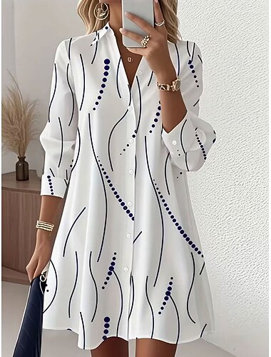  Damen Knielanges Kleid Hemdblusenkleid Urlaub Geburtstag Lässig Strand Normale Passform Grafik Tupfen Abstrakt Langarm Revers Blau Weiß Rosa Purpur Sommer Frühling