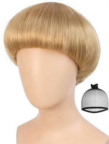  Kort blond skålformet parykk for menn med pannelugg blond soppparykk 60-tallsparykk for menn morsomme parykker for film halloween cosplay kostymefest blonde bob-parykker for menn