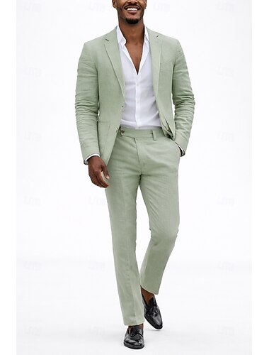  Herren Leinenanzüge Strandhochzeit Weiß Himmelblau Frühling & Sommer Anzug Gekerbtes Revers Formell Einfarbig Schmale Passform 2-teilig Einreihige Zwei-Knopf-Jacke