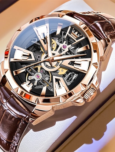  Новые мужские деловые часы марки Olevs с подсветкой, полым механическим механизмом, повседневные, водонепроницаемые, спортивные наручные часы.