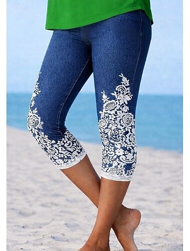  Dames Leggings Vakantie Modieus Hawaii Capris Medium Taille Bloemig Grafisch Opdrukken Afdrukken Comfort Zacht Ademend Hoge Elasticiteit Casual Dagelijks Vakantie blauw as-gekleurde Zomer Lente Strak