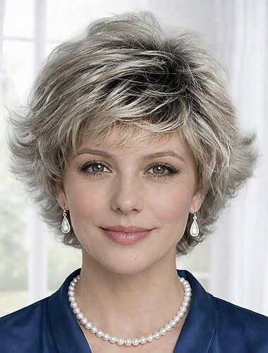  Elegancka, krótka, srebrna peruka dla kobiet – potargana, w stylu pixie, z naturalną objętością