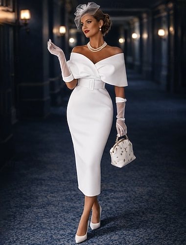  Strak kolom Over de knie Cocktailjurken Feestjurken Elegant Feest Bodycon Mouwloos Schouderafhangend Bruiloft gast Feestkleding Stretchstof met Sjerp / Lint