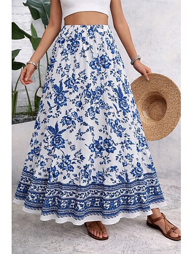  Damen Urlaubsrock Elegant Mode Lässig Maxi Hohe Taille Röcke Blumen Tasche Druck Mikroelastisch Täglich Urlaub Blau Gelb Rote Grün Sommer 95 % Polyester, 5 % Elastan