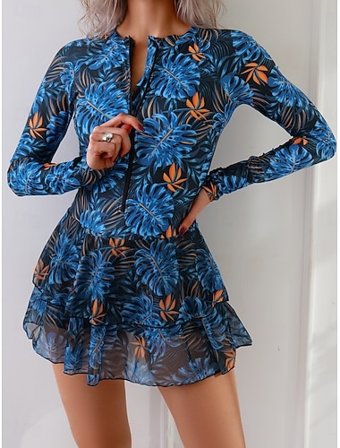  Damen Badeanzug Tankini Zweiteilig Shorts Bademode Reißverschluss Bauchkontrolle Hohe Taille Schlank Urlaub Strandbekleidung Blumen Rundhals Ärmellos Langarm Badeanzüge