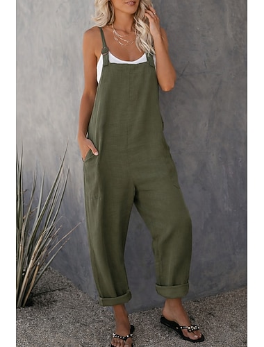  Damen Modisch Overall Jumpsuit Seitentaschen In voller Länge Hose Casual Wochenende Unelastisch Glatt Leinenoptik Komfort Mittlere Taillenlinie Grün Schwarz Rote S M L XL XXL