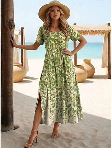  Per donna Abito Midi Abito a trapezio Casual Quotidiano Spiaggia Vestibilità regolare Grafico Geometrico Manica Corta Girocollo Blu Rosa Viola Verde Estate Primavera