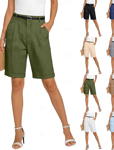  Damen Caprihose Shorts Leinenshorts Schicke Shorts Mode Basic Formell Knielang Mittlere Taillenlinie Einfach Tasche Elastischer Bund Gerader Schnitt Leicht Bequem Atmungsaktiv Unelastisch Täglich
