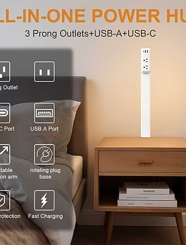  כבל מאריך עם תקע שטוח וחיבור USB C, מפצל חשמל עם זרוע מתנדנדת מסתובבת מאחורי רהיטים, עמדת טעינה דקה במיוחד עם 3 שקעי AC &יציאות USB, כבל דק לספה ליד המיטה במשרד ביתי