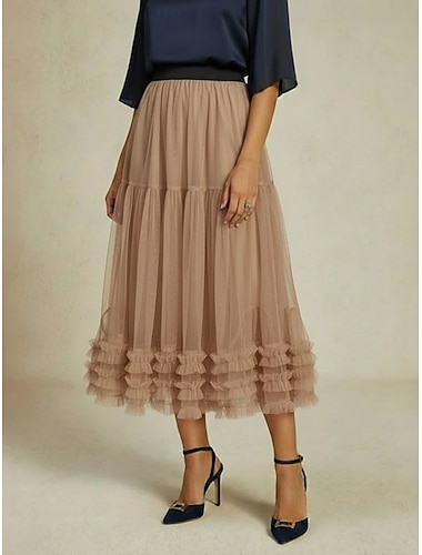  Damen Chiffonrock Urlaubsrock Elegant Vintage Midi Mittlere Hüfthöhe Röcke Einfach Gerafft Netz Unelastisch Täglich Straße Wein Aprikose Schwarz Khaki Sommer Tüll