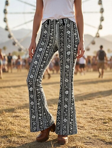  Rétro Vintage Boho Années 1970 Pantalon Pantalons à pattes d'éléphant Hippie Disco Taille haute Bohème Ethnique Déguisement Femmes Halloween Carnaval Festival de Musique Soirée à thème rétro Adulte