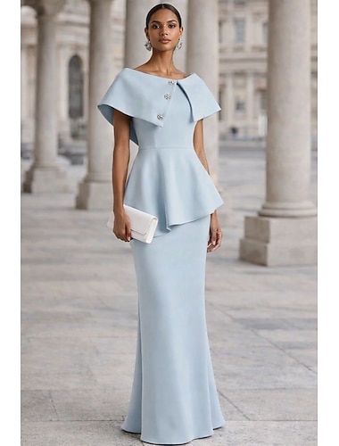  Linjeform Gulvlengde Kveldskjoler Ballkjole Formell kjole Elegant Høy splittelse Kortermet Knaphul Bryllup Formell Stretchstoff med Knapper Krystalldetaljer Drapert