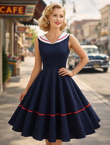  1950-tallet Cocktail Kjole Vintage kjole Knelengde Kjoler Rockabilly Flare kjole Ermeløs Helfarge Kostyme Dame Karneval Maskerade Skoleball Aftenselskap Forlovelsesfest Voksne Kjole Hjemkomstkjoler