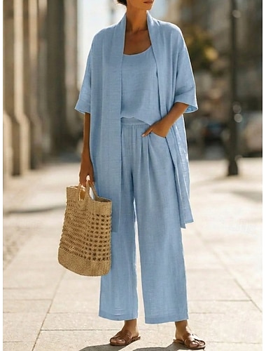  Mujer Conjuntos de pantalones Lino de algodón sintético Manga Corta Cuello Barco Color sólido Moda Ropa de calle Casual Diario Exterior Azul Piscina Negro Blanco Primavera verano Holgado