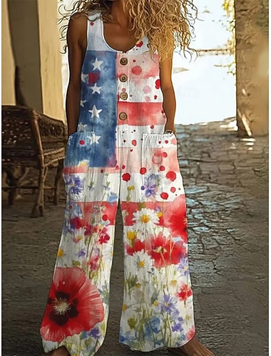  Mulheres Macacão Ativo Floral Sem Manga Sem Mangas Perna larga Decote U Bolsos Botões Diário Férias Ajuste Largo Azul Verão