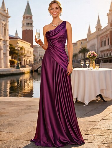  Strak kolom Tot de grond Galajurken Avondjurken Baljurk  Formele kleding Elegant Mouwloos Eén-schouder Formele avonden Herfst bruiloftsgast Satijn Blote Rug met Plooien Kristaldetails Drapering