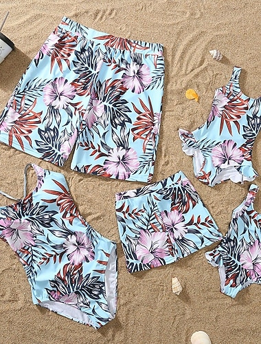  Famiglia Costume da bagno Tuta Floreale Grafico Casuale Arricciato Blu Senza Maniche Attivo Abiti coordinati