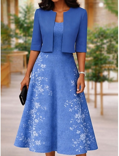  Dames Jurk Set Midi-jurk A lijn jurk Elegant Casual Bloemig Grafisch Afdrukken Halflange jurk Halve mouw V-hals Dagelijks blauw Rood Paars Zomer Lente Normale pasvorm